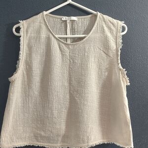 Olivaceous Cream Cotton  Textured Tank Top With Frayed Edges.